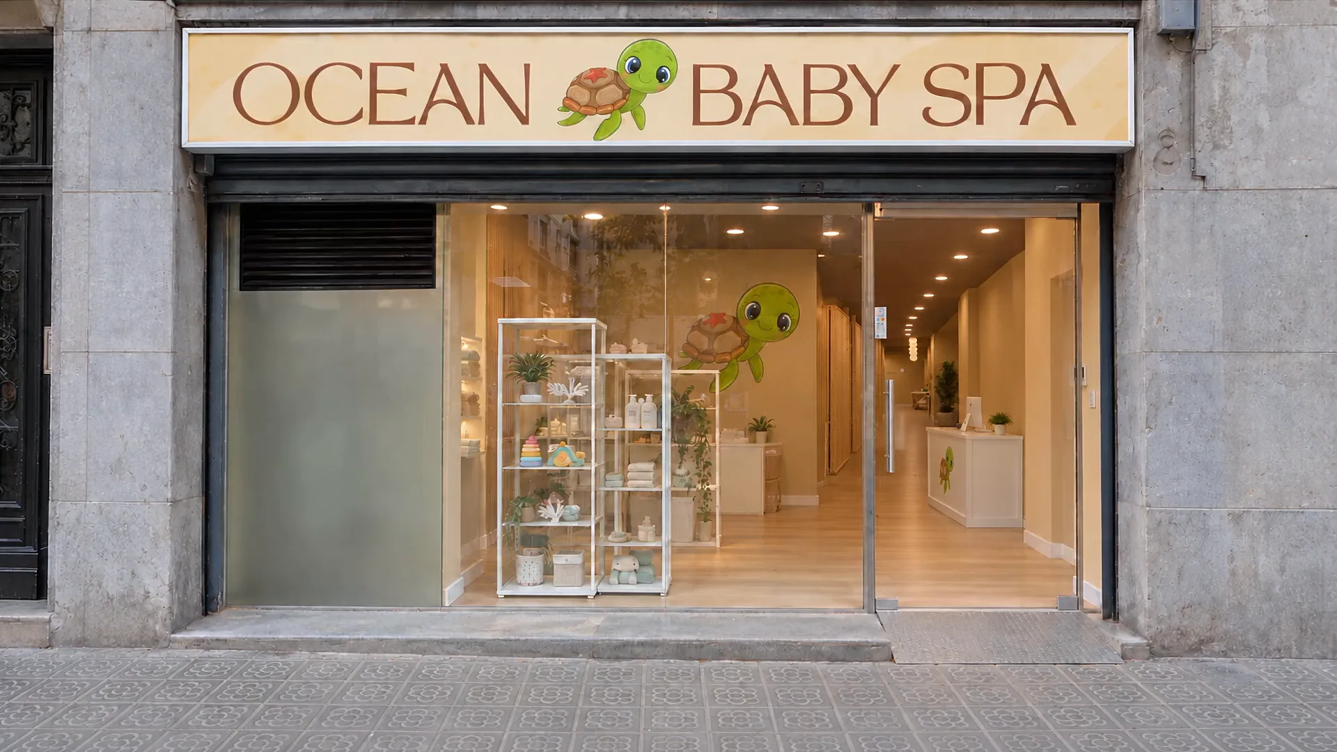 Fachada de Ocean Baby Spa vista desde la acera: el rótulo con la tortuga y el escaparate de cristal.